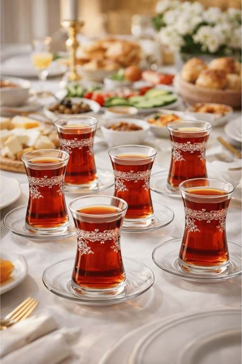 Florale Model Desenli Şeffaf Cam Çay Seti – 12 Parça Çay Takımı