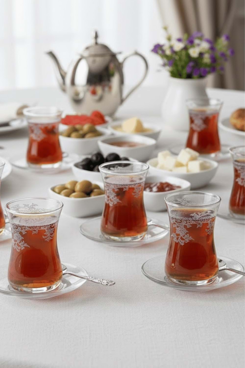 Florale Model Desenli Şeffaf Cam Çay Seti – 12 Parça Çay Takımı