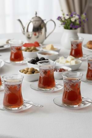 Florale Model Desenli Şeffaf Cam Çay Seti – 12 Parça Çay Takımı