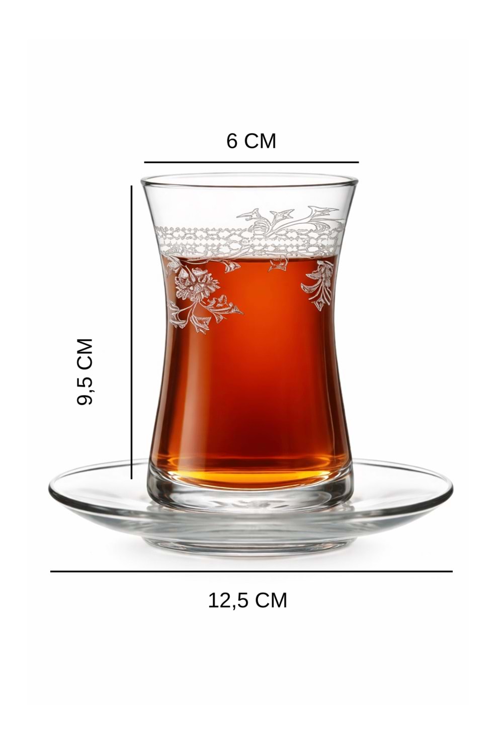 Florale Model Desenli Şeffaf Cam Çay Seti – 12 Parça Çay Takımı