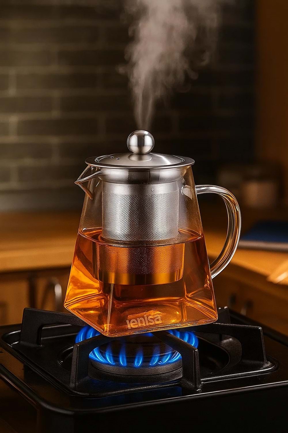 Isıya Dayanıklı 750 ML Cam Demlik – Köşeli Tasarım, Paslanmaz Çelik Süzgeçli