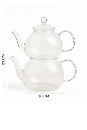 Süzgeçli Isıya Dayanıklı Cam Çaydanlık Seti – Borosilikat Cam Üst Demlik ve Alt Su Haznesi