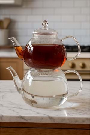 Süzgeçli Isıya Dayanıklı Cam Çaydanlık Seti – Borosilikat Cam Üst Demlik ve Alt Su Haznesi