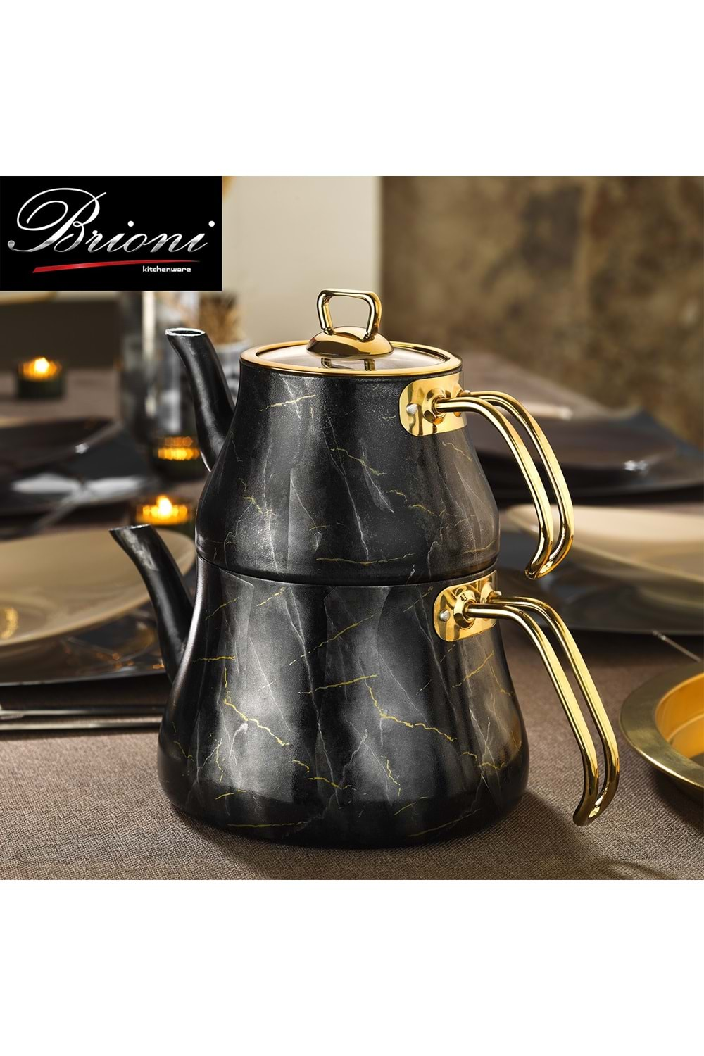 Brioni Marble Çaydanlık Siyah Mermer Desenli Cam Kapaklı 4 Parça