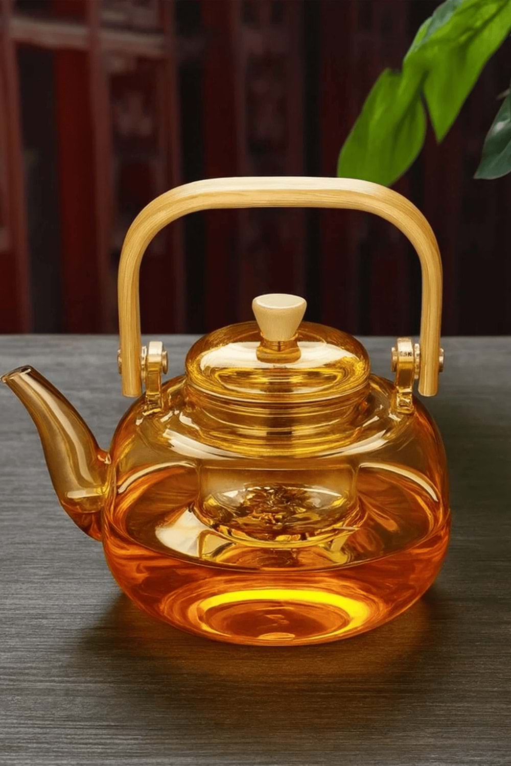 Amber Cam Demlik Ahşap Saplı Cam Filtreli Demlik 1 Litre - Isıya Dayanıklı Cam Bitki Çayı Demlik