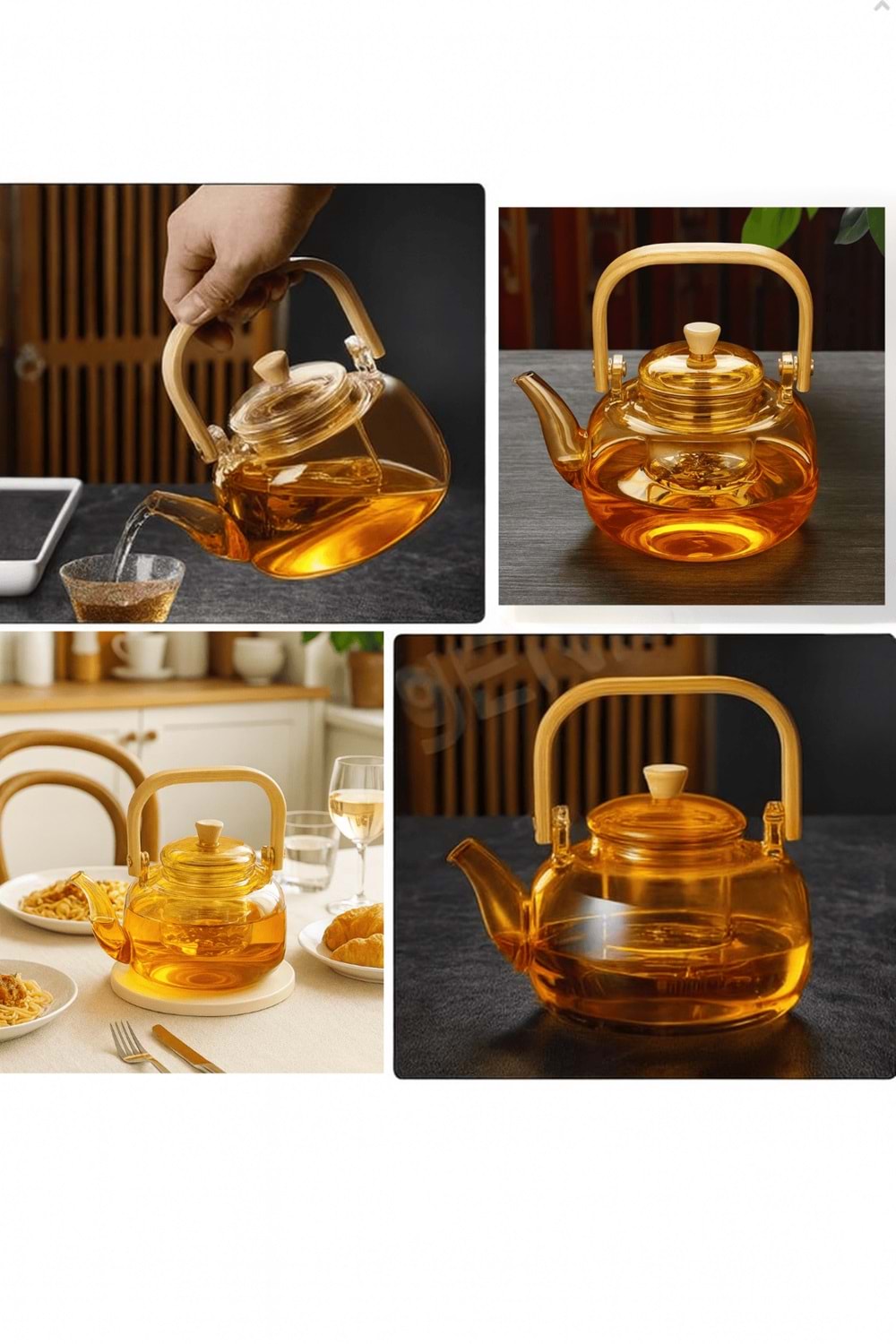 Amber Cam Demlik Ahşap Saplı Cam Filtreli Demlik 1 Litre - Isıya Dayanıklı Cam Bitki Çayı Demlik