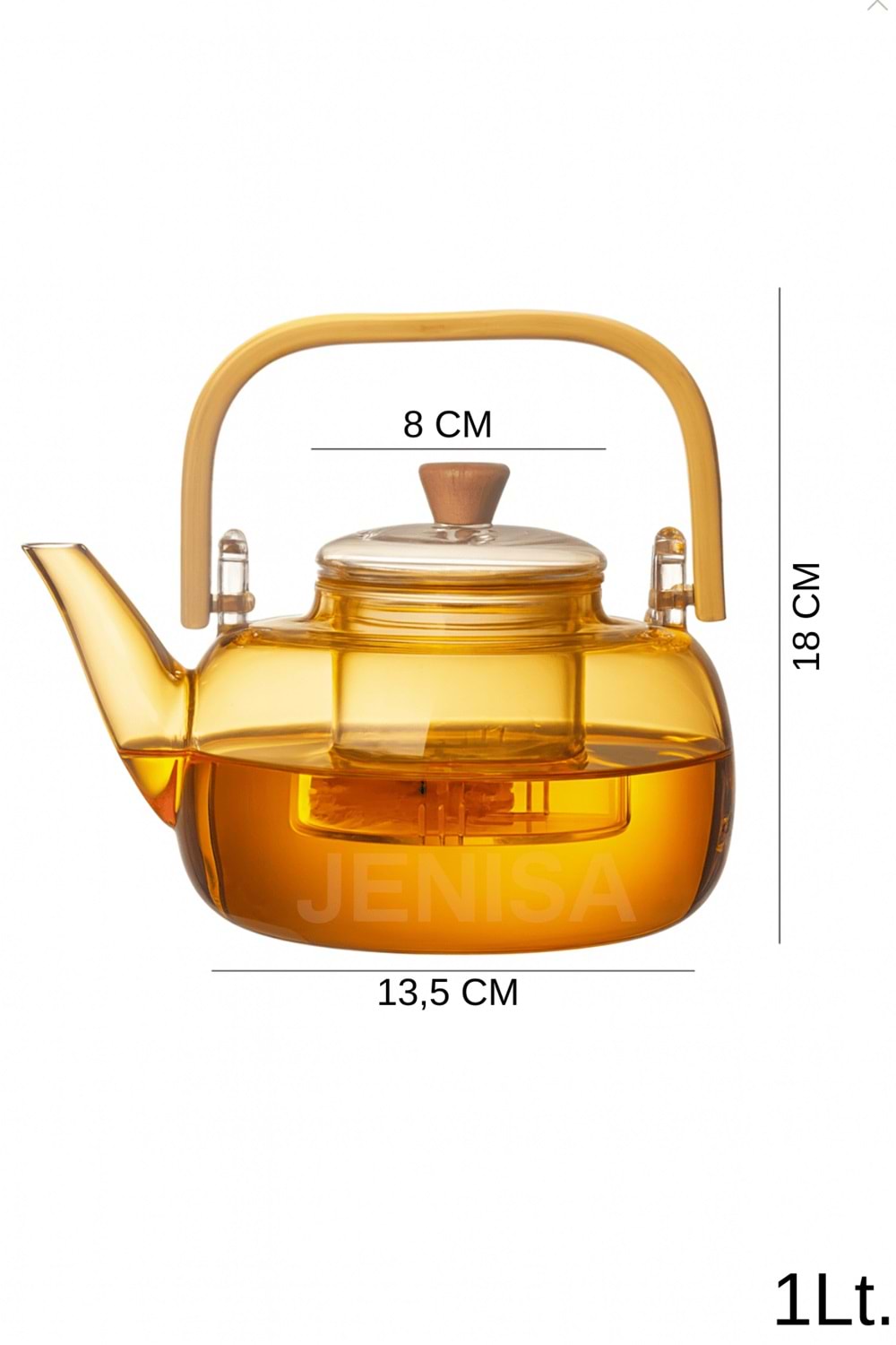 Amber Cam Demlik Ahşap Saplı Cam Filtreli Demlik 1 Litre - Isıya Dayanıklı Cam Bitki Çayı Demlik