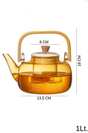 Amber Cam Demlik Ahşap Saplı Cam Filtreli Demlik 1 Litre - Isıya Dayanıklı Cam Bitki Çayı Demlik