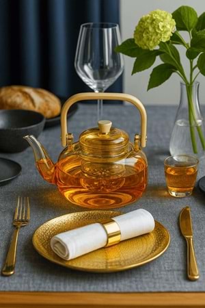 Amber Cam Demlik Ahşap Saplı Cam Filtreli Demlik 1 Litre - Isıya Dayanıklı Cam Bitki Çayı Demlik