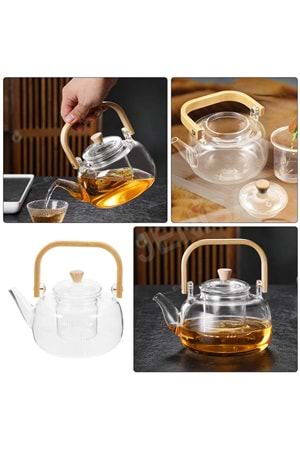 Ahşap Saplı Cam Filtreli Demlik 1000 ML - Isıya Dayanıklı Cam Bitki Çayı Demlik