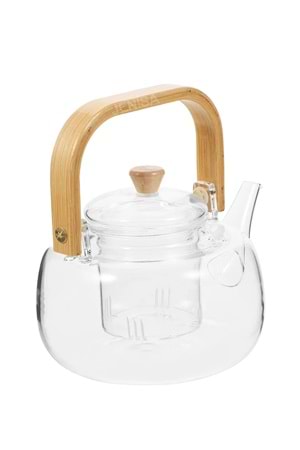Ahşap Saplı Cam Filtreli Demlik 1000 ML - Isıya Dayanıklı Cam Bitki Çayı Demlik