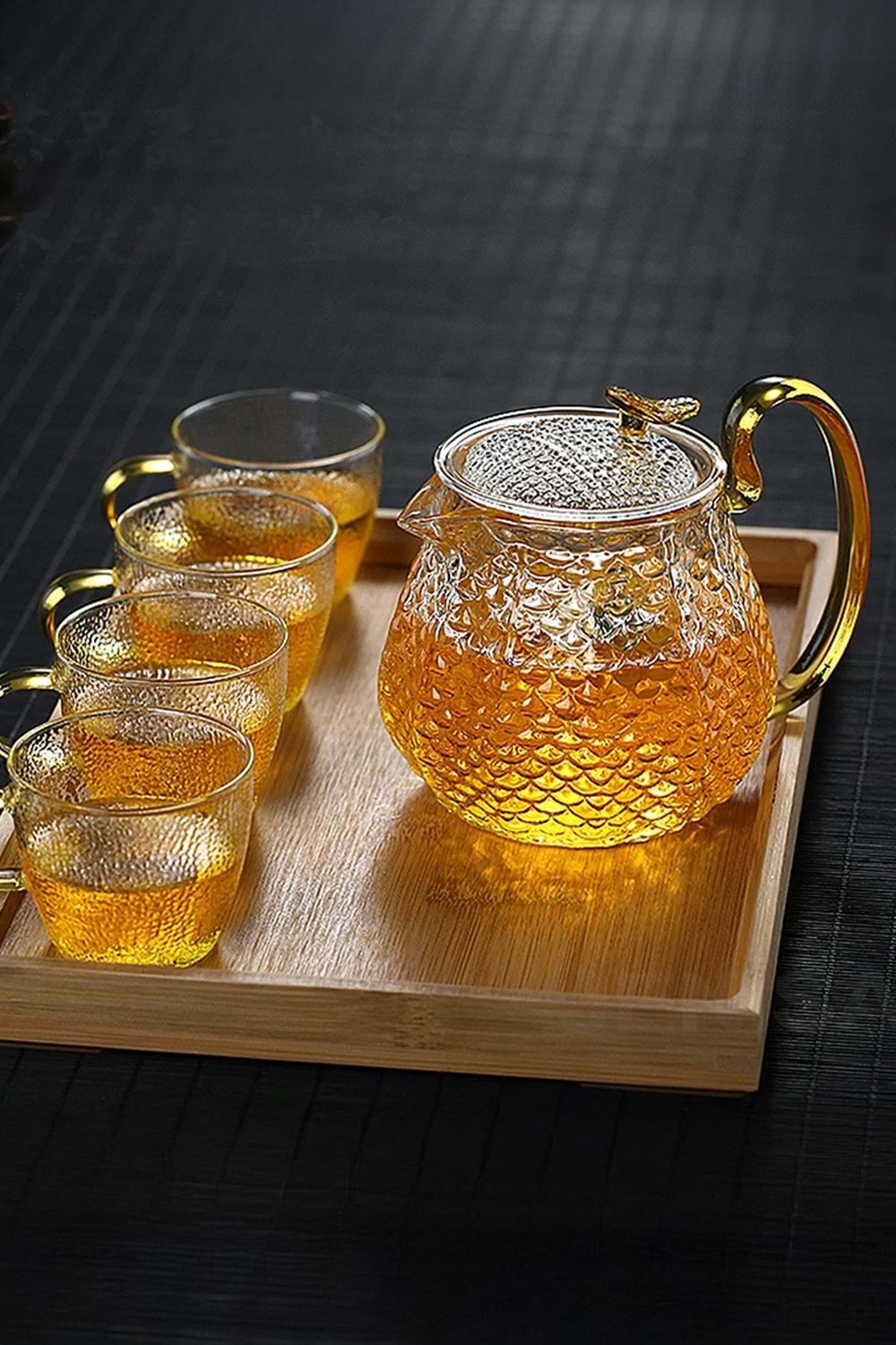 Modern Cam Demlik 550 ml - Isıya Dayanıklı, Cam Süzgeçli ve Altın Kulplu Çay Keyfi