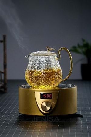 Modern Cam Demlik 550 ml - Isıya Dayanıklı, Cam Süzgeçli ve Altın Kulplu Çay Keyfi