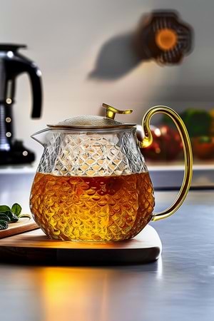 Modern Cam Demlik 550 ml - Isıya Dayanıklı, Cam Süzgeçli ve Altın Kulplu Çay Keyfi