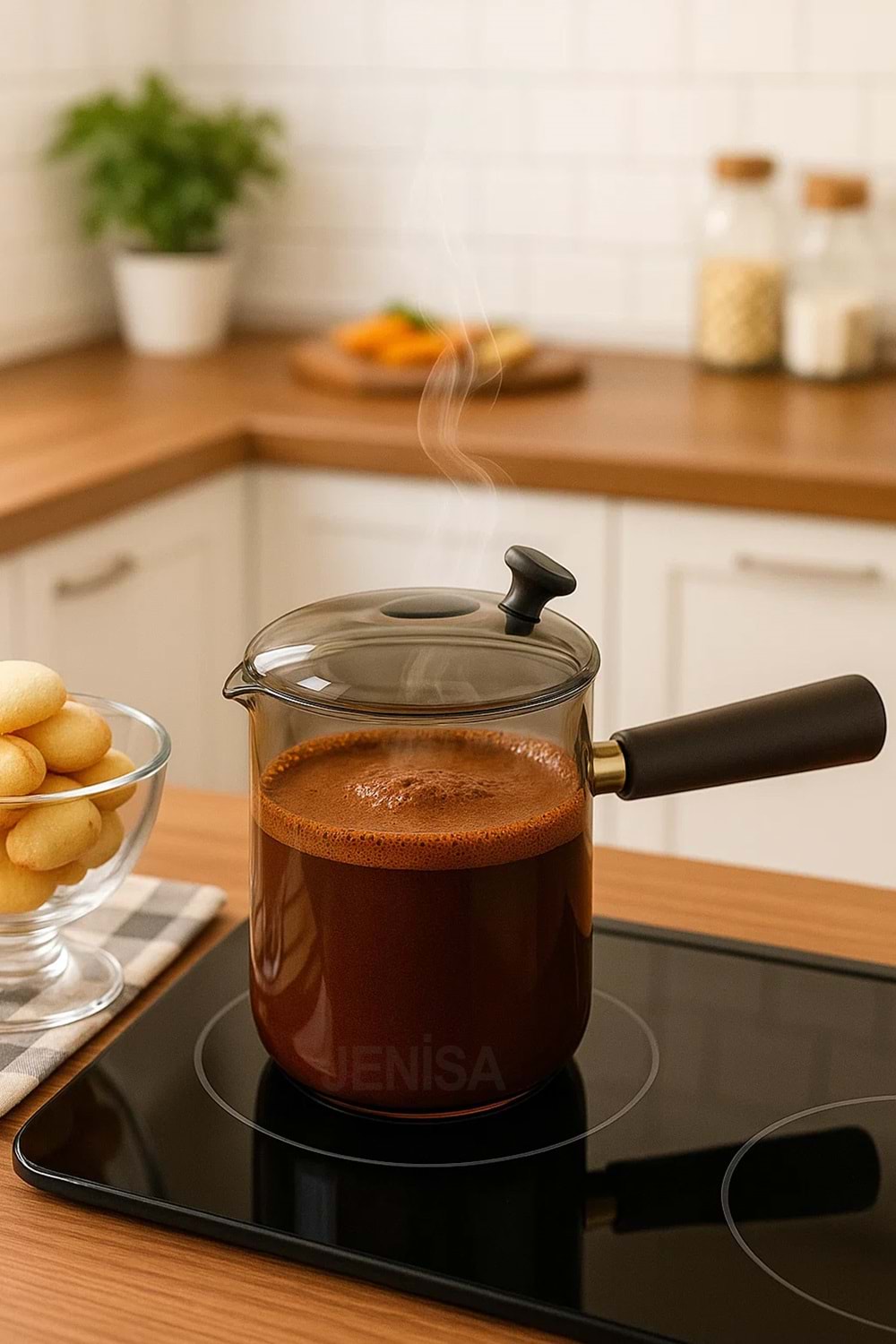 Çok Amaçlı Isıya Dayanıklı Cam Cezve & Sosluk 550 ml - Ahşap Saplı Modern Tasarım