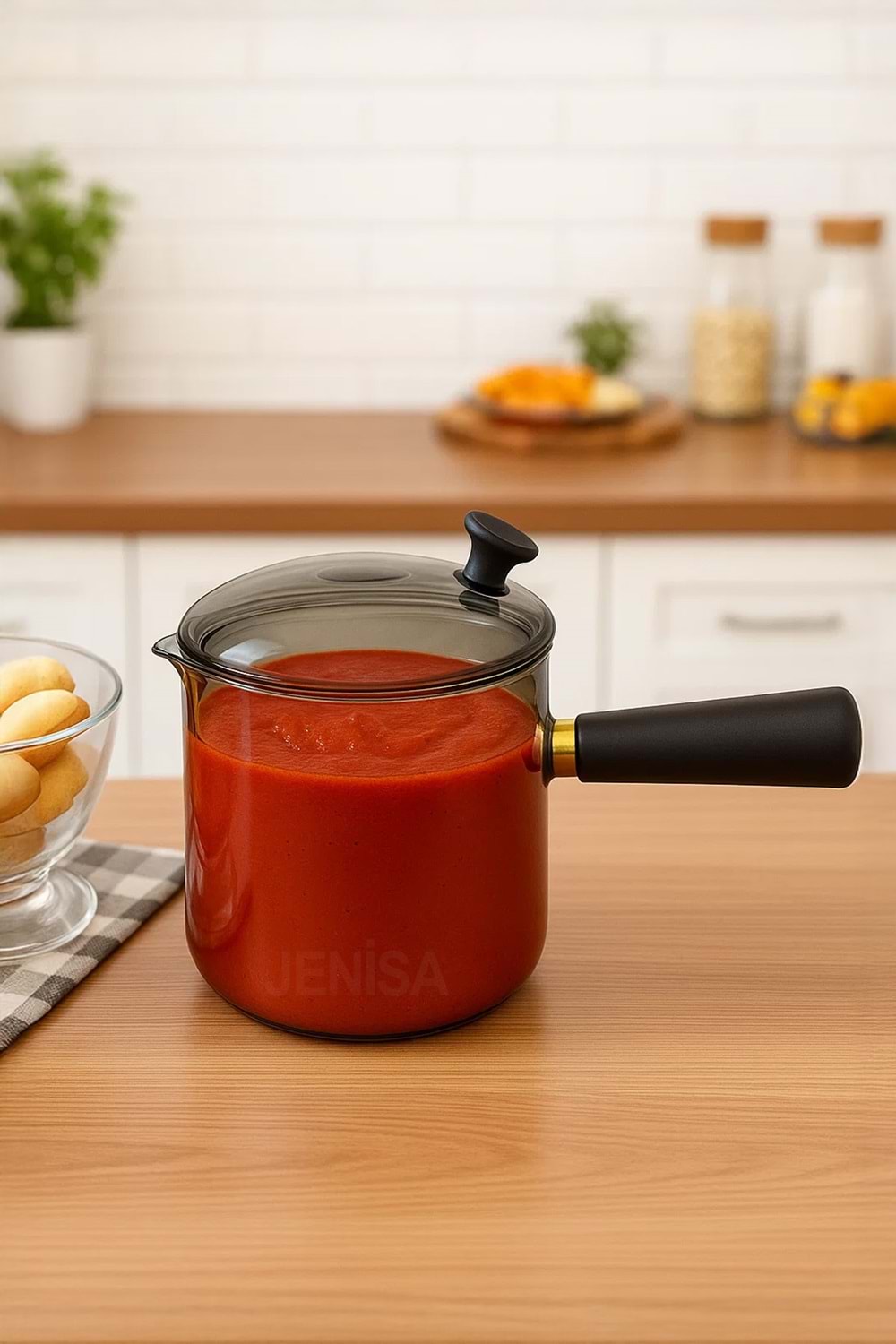 Çok Amaçlı Isıya Dayanıklı Cam Cezve & Sosluk 550 ml - Ahşap Saplı Modern Tasarım