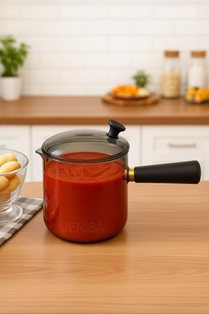 Çok Amaçlı Isıya Dayanıklı Cam Cezve & Sosluk 550 ml - Ahşap Saplı Modern Tasarım