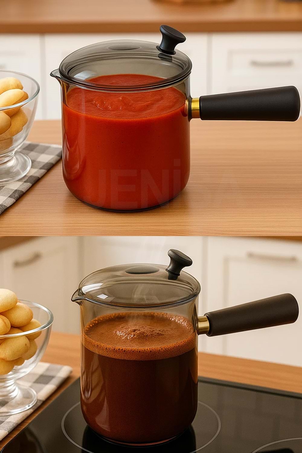 Çok Amaçlı Isıya Dayanıklı Cam Cezve & Sosluk 550 ml - Ahşap Saplı Modern Tasarım