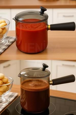 Çok Amaçlı Isıya Dayanıklı Cam Cezve & Sosluk 550 ml - Ahşap Saplı Modern Tasarım