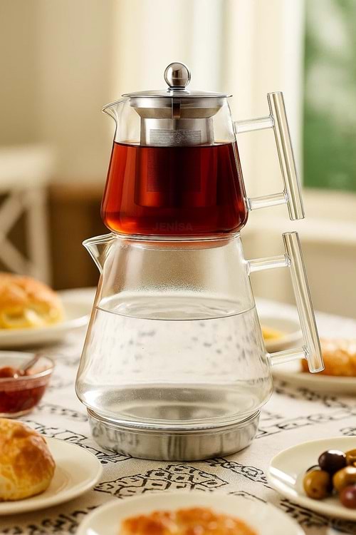 Clarity İndüksiyon Tabanlı Borosilikat Cam Çaydanlık Takımı – 1550 ml Metal Süzgeçli Demlik