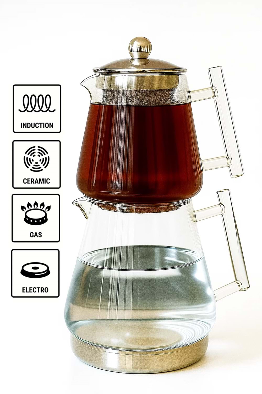 Clarity İndüksiyon Tabanlı Borosilikat Cam Çaydanlık Takımı – 1550 ml Metal Süzgeçli Demlik