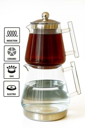 Clarity İndüksiyon Tabanlı Borosilikat Cam Çaydanlık Takımı – 1550 ml Metal Süzgeçli Demlik