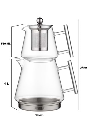 Clarity İndüksiyon Tabanlı Borosilikat Cam Çaydanlık Takımı – 1550 ml Metal Süzgeçli Demlik