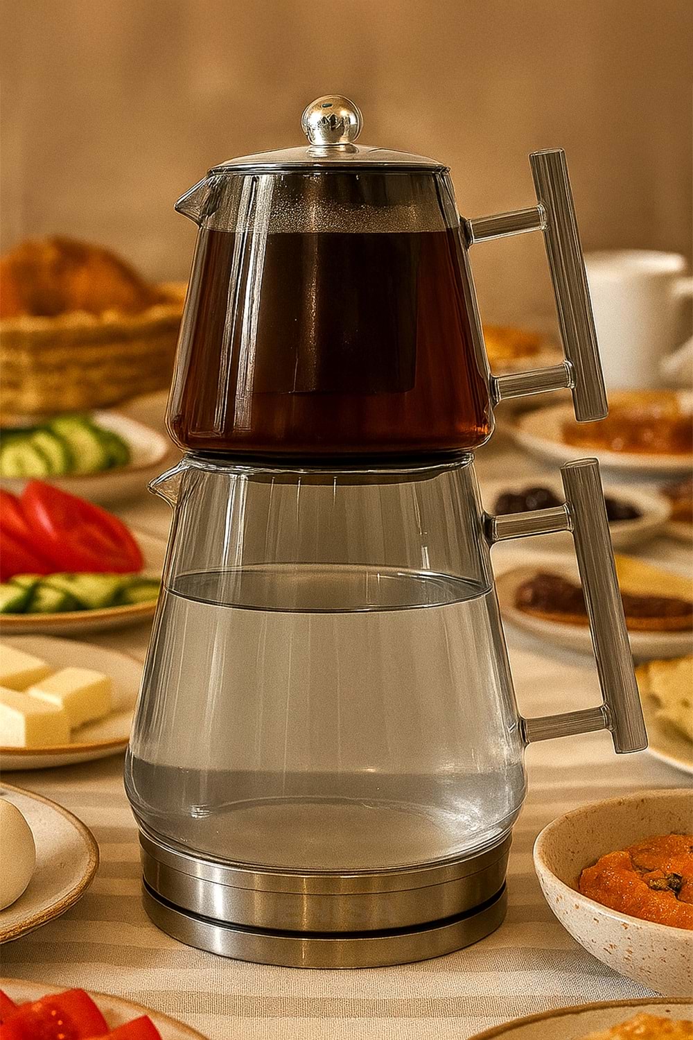 İndüksiyon Tabanlı Metal Süzgeçli Füme Cam Çaydanlık Takımı – Borosilikat Cam Demlikli 1550 ML