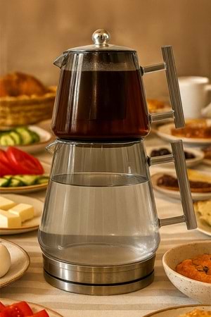 İndüksiyon Tabanlı Metal Süzgeçli Füme Cam Çaydanlık Takımı – Borosilikat Cam Demlikli 1550 ML