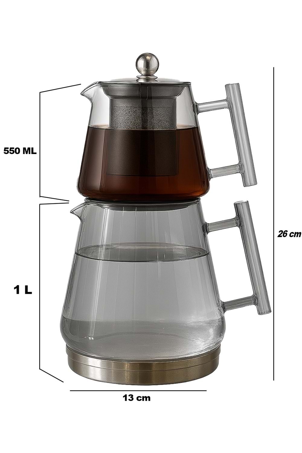 İndüksiyon Tabanlı Metal Süzgeçli Füme Cam Çaydanlık Takımı – Borosilikat Cam Demlikli 1550 ML