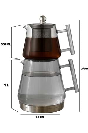 İndüksiyon Tabanlı Metal Süzgeçli Füme Cam Çaydanlık Takımı – Borosilikat Cam Demlikli 1550 ML