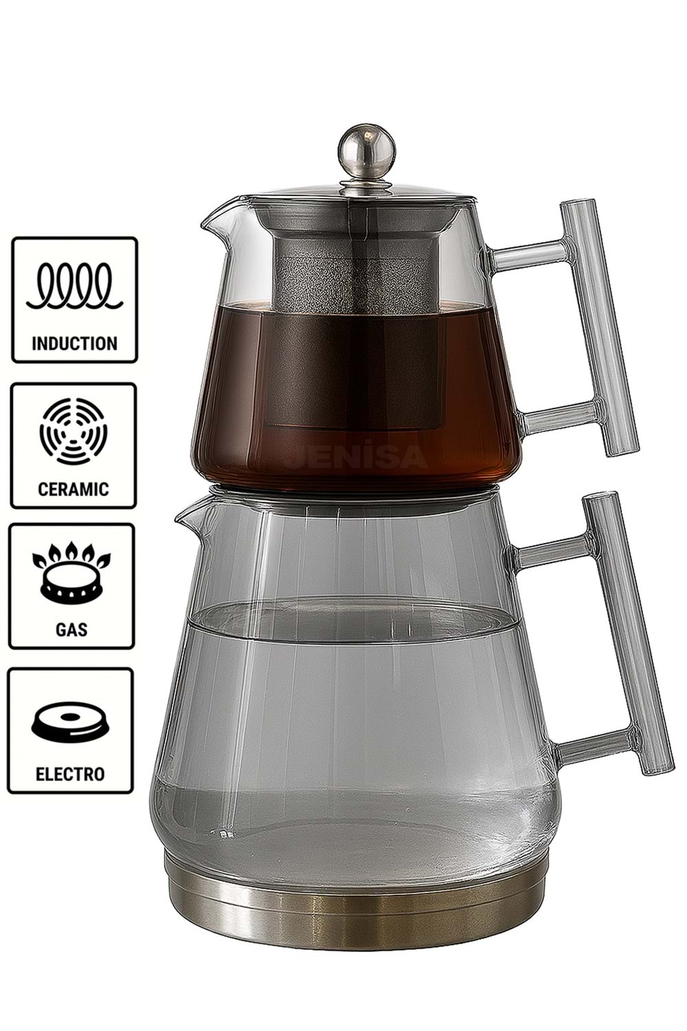 İndüksiyon Tabanlı Metal Süzgeçli Füme Cam Çaydanlık Takımı – Borosilikat Cam Demlikli 1550 ML