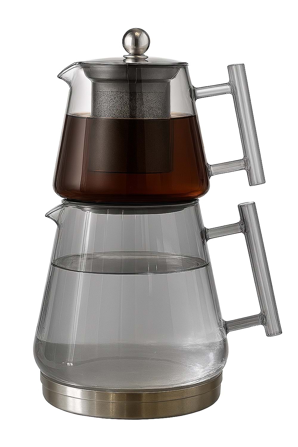 İndüksiyon Tabanlı Metal Süzgeçli Füme Cam Çaydanlık Takımı – Borosilikat Cam Demlikli 1550 ML