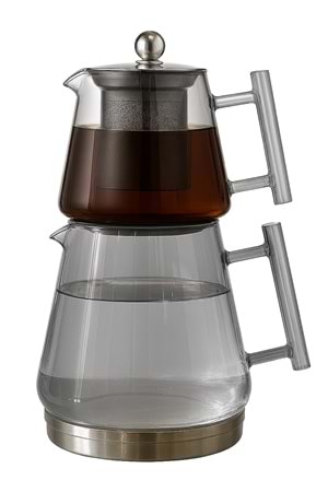 İndüksiyon Tabanlı Metal Süzgeçli Füme Cam Çaydanlık Takımı – Borosilikat Cam Demlikli 1550 ML