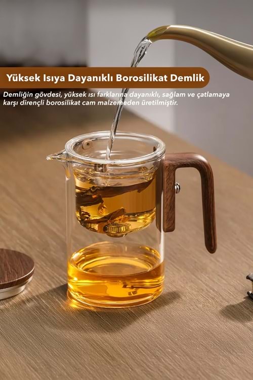 Borosilikat Cam Sihirli Demlik – Ahşap Saplı Isıya Dayanıklı Çaydanlık 520 ml