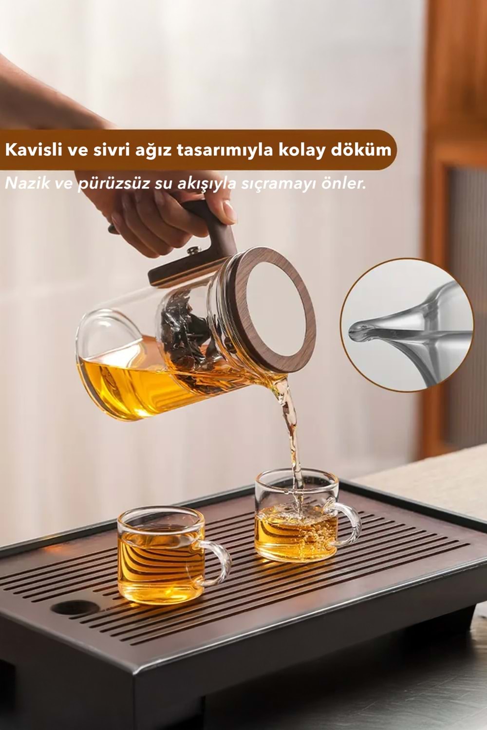 Borosilikat Cam Sihirli Demlik – Ahşap Saplı Isıya Dayanıklı Çaydanlık 520 ml