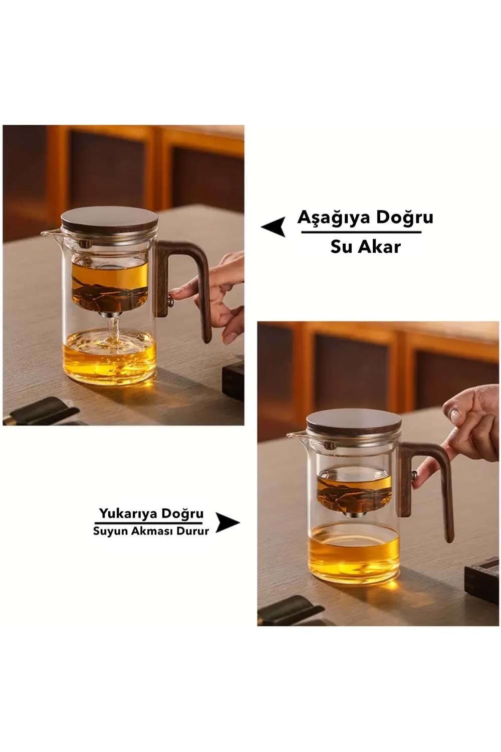 Borosilikat Cam Sihirli Demlik – Ahşap Saplı Isıya Dayanıklı Çaydanlık 520 ml