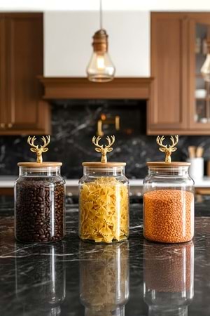 3’lü Bambu Kapaklı Metal Geyik Figürlü Kavanoz Seti - Orta Boy Saklama Kabı 890cc