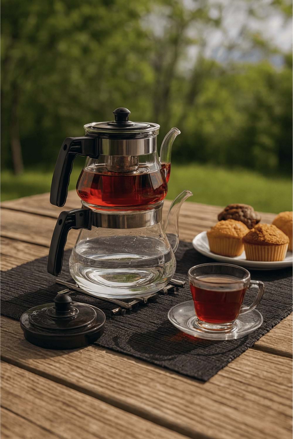 3,6 Lt. Şeffaf Cam Çaydanlık Seti – Borosilikat Cam Demlik ve Alt Su Haznesi