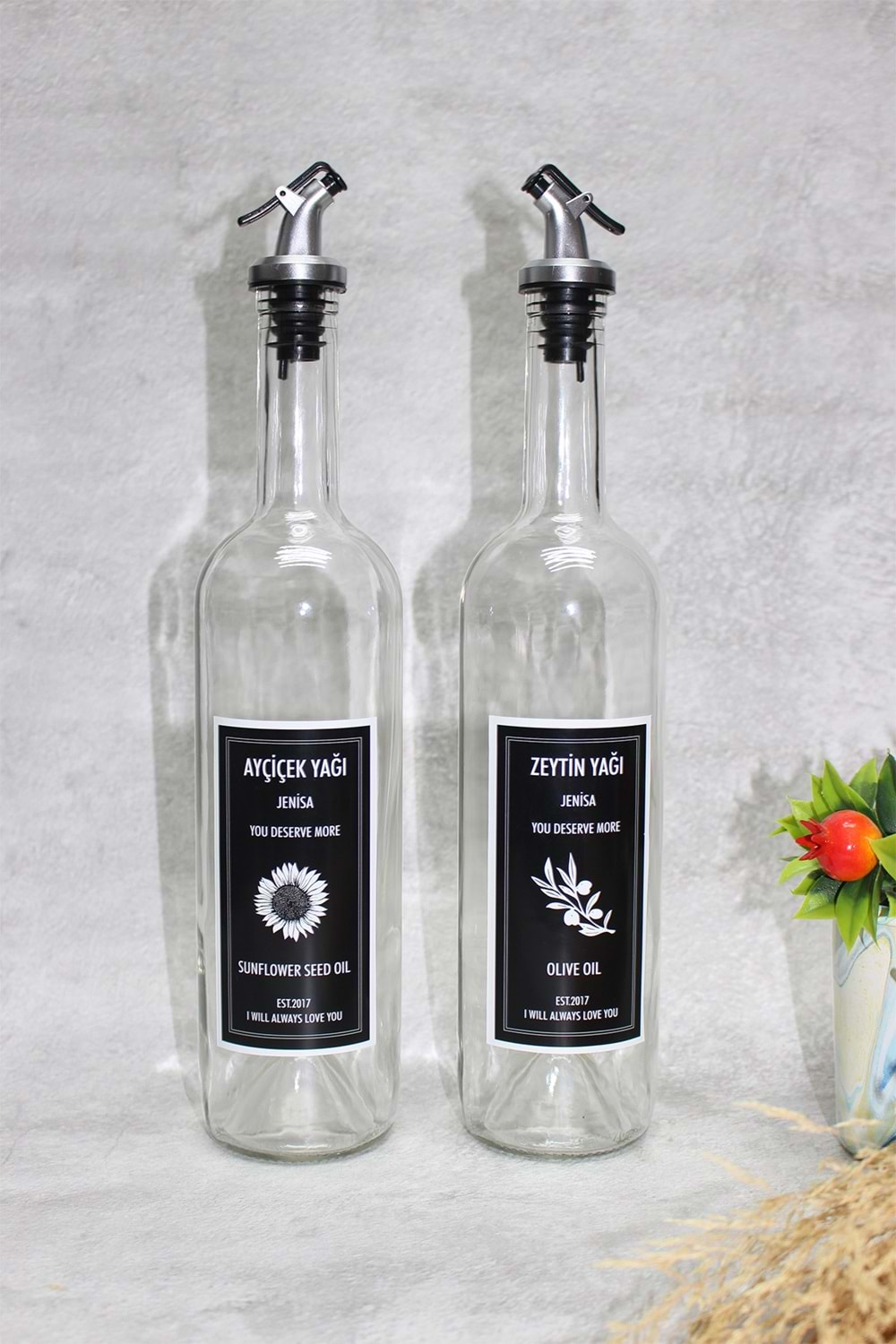 Dibi Çukur Şeffaf Cam Şişe Etiketli 2'li 750 ml Zeytinyağı Sıvıyağ Şişesi Yağdanlık