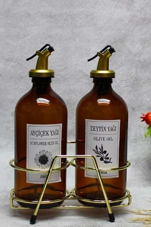 2 Adet Amber 500 Ml Etiketli Altın Akıtıcılı Parlak Altın Standlı Yağlık Yağdanlık