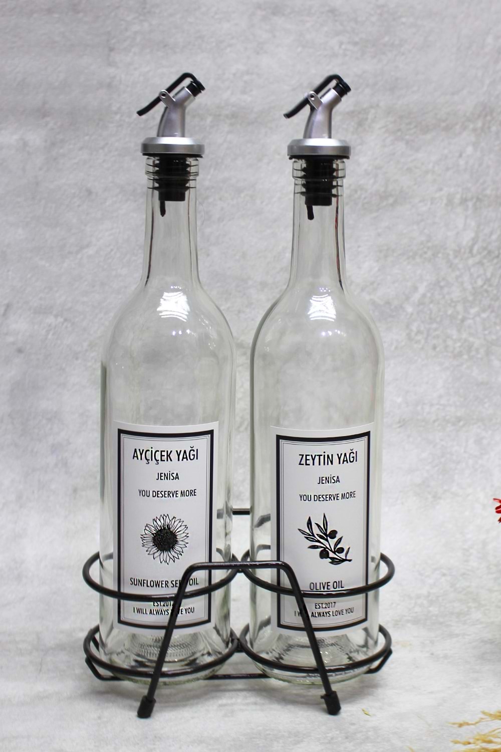2 Adet Şeffaf 750 Ml Etiketli Akıtmaz Yağdanlık Yağlık Ve Siyah Kısa Stant