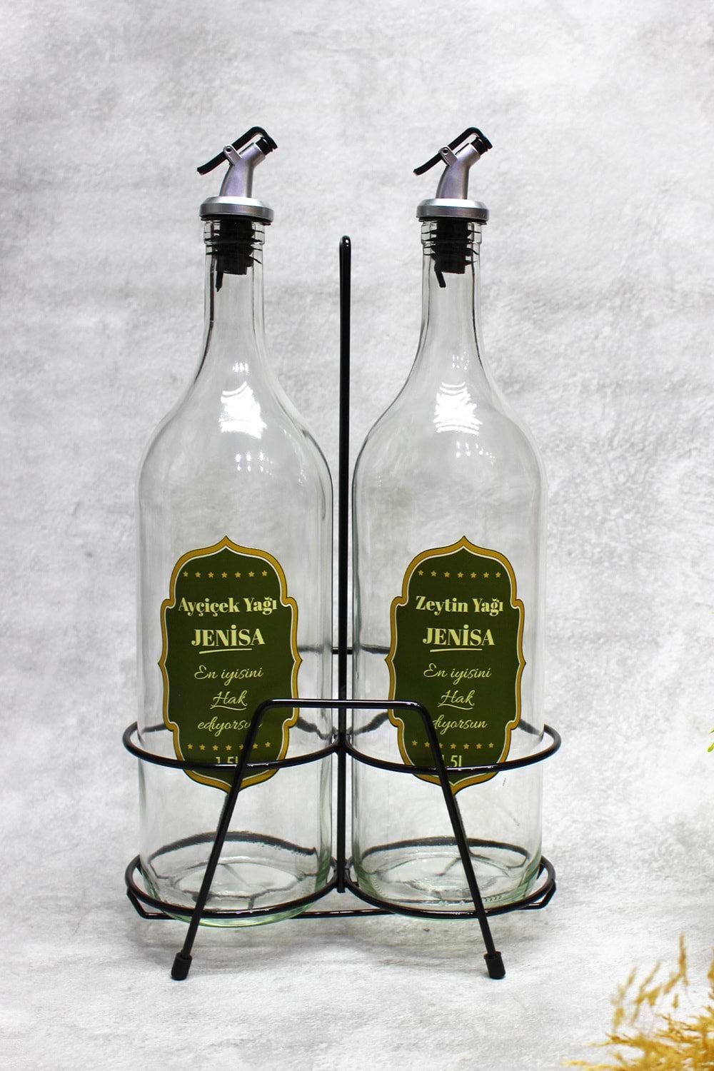 2 Adet Akıtmaz Stantlı Şeffaf Cam 1500ml Etiketli Yağlık Yağdanlık