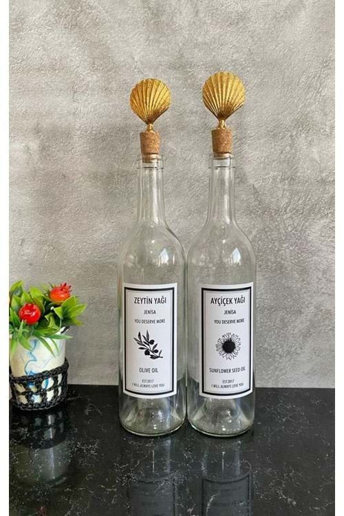 2 Adet Şeffaf 750 Ml Etiketli Şişe Altın İstiridye Tıpalı Yağdanlık Set