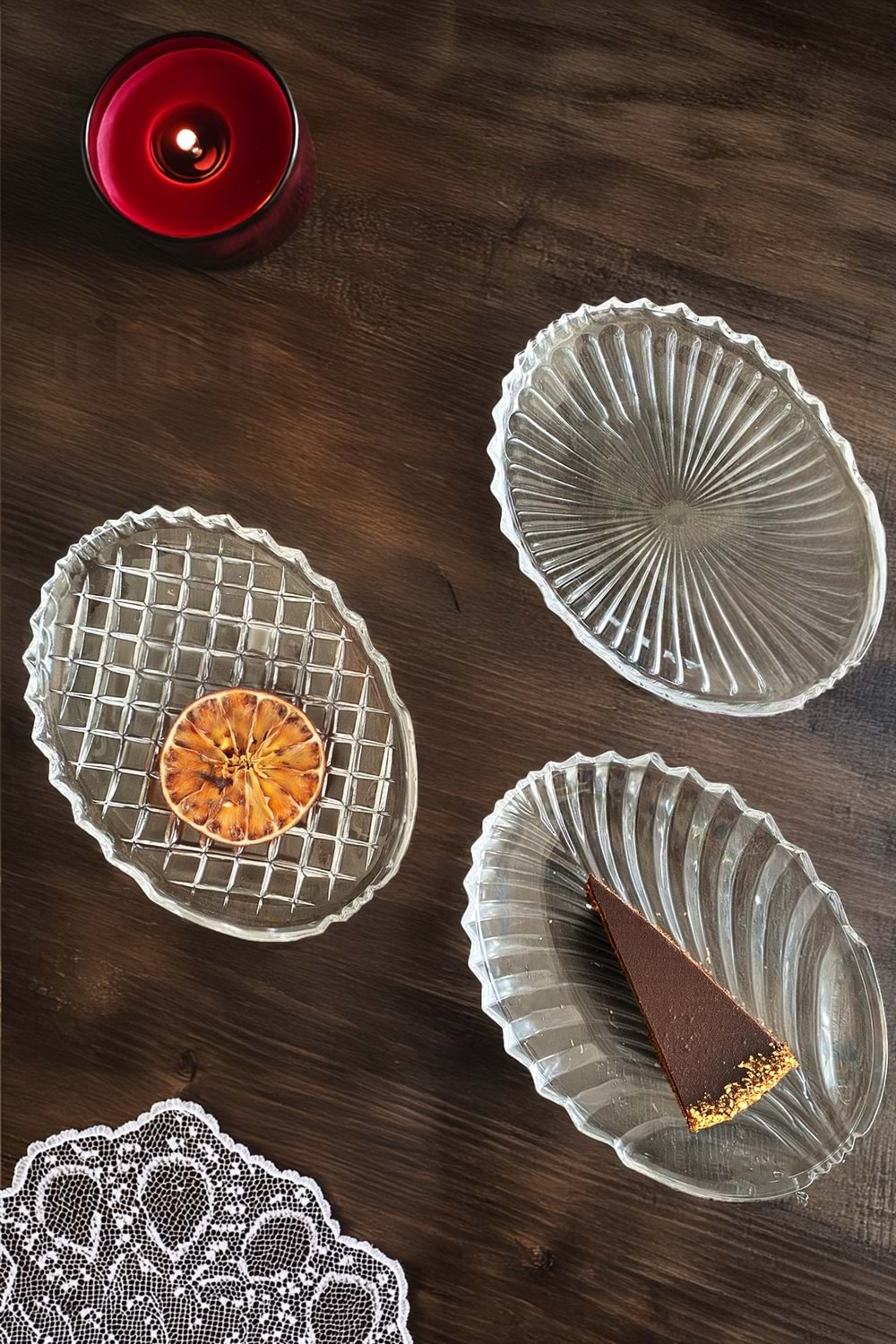 3 Adet Farklı Model Cam Pasta ve Salata Servis Tabağı Seti 20x15 cm