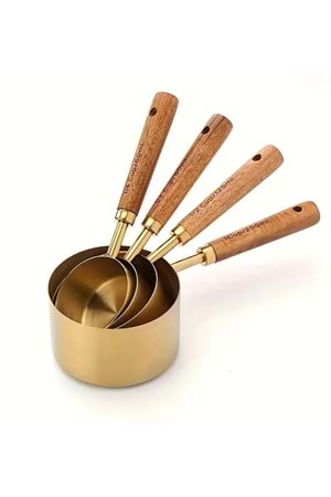 5'li Gold Detaylı Çelik Ölçü Kaşığı Seti – Ahşap Saplı Premium Kalite