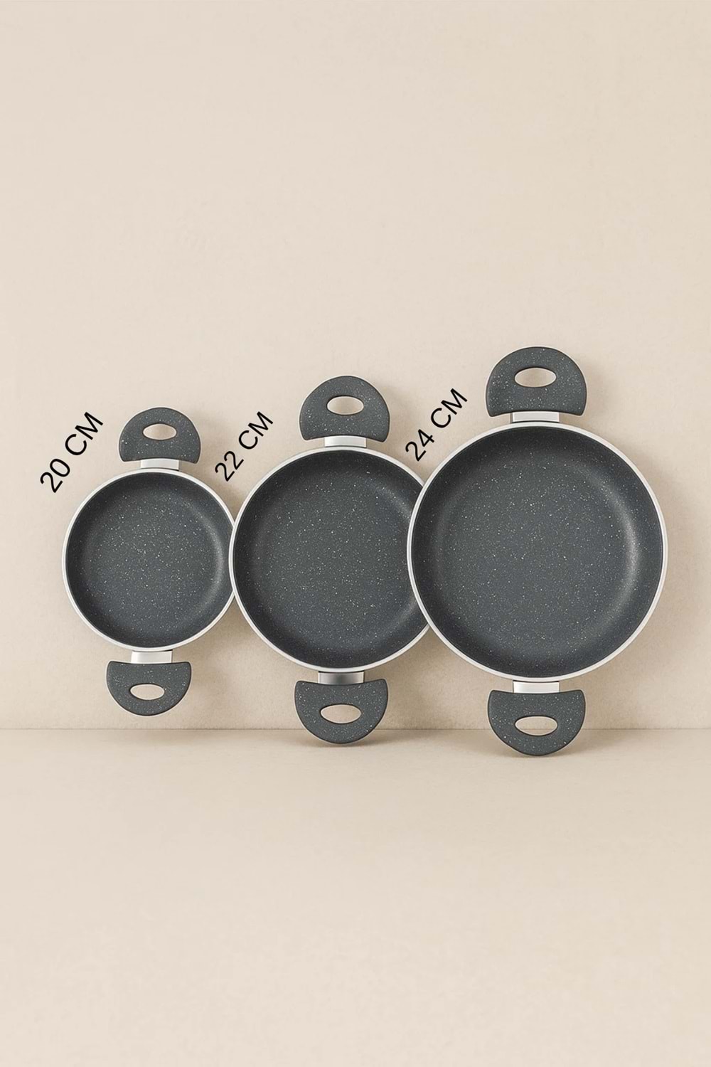 Granit 3’lü Sahan Seti – Yapışmaz Çift Kulplu Gri Sahan 20/22/24 cm