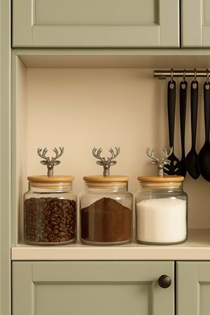 3'lü Metal Siyah Geyik Figürlü Bambu Kapaklı Cam Kavanoz – Şık Saklama Kabı 635 cc