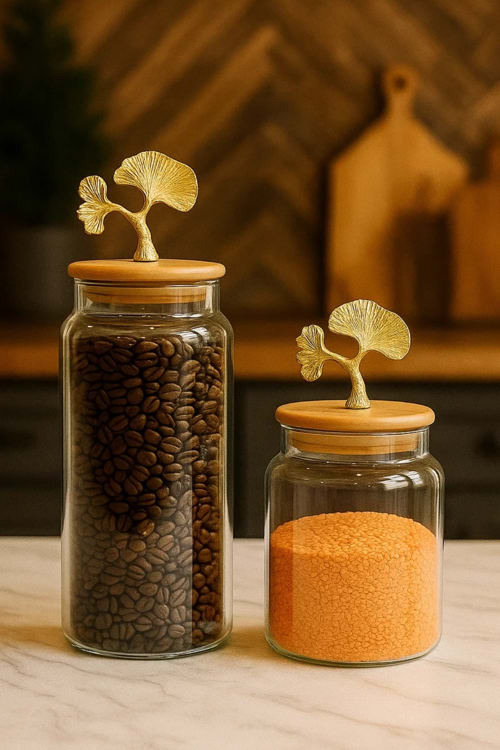 2’li Altın Metal Ginkgo Figürlü Bambu Kapaklı Cam Kavanoz – Saklama Kabı 1400ml + 890 ml