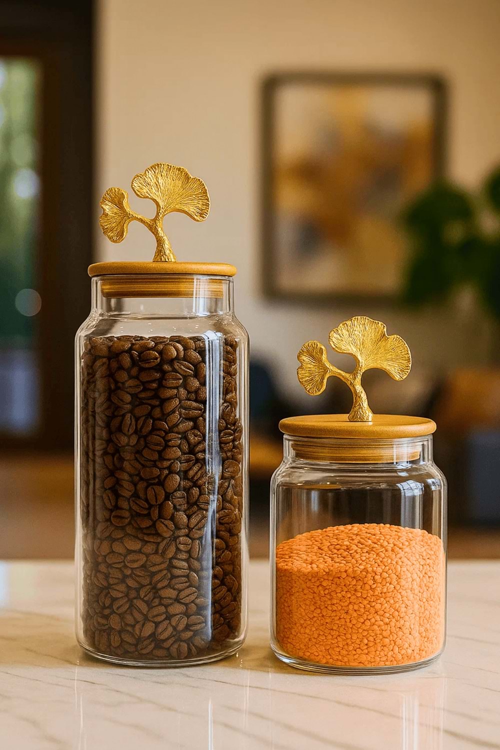 2’li Altın Metal Ginkgo Figürlü Bambu Kapaklı Cam Kavanoz – Saklama Kabı 1400ml + 890 ml